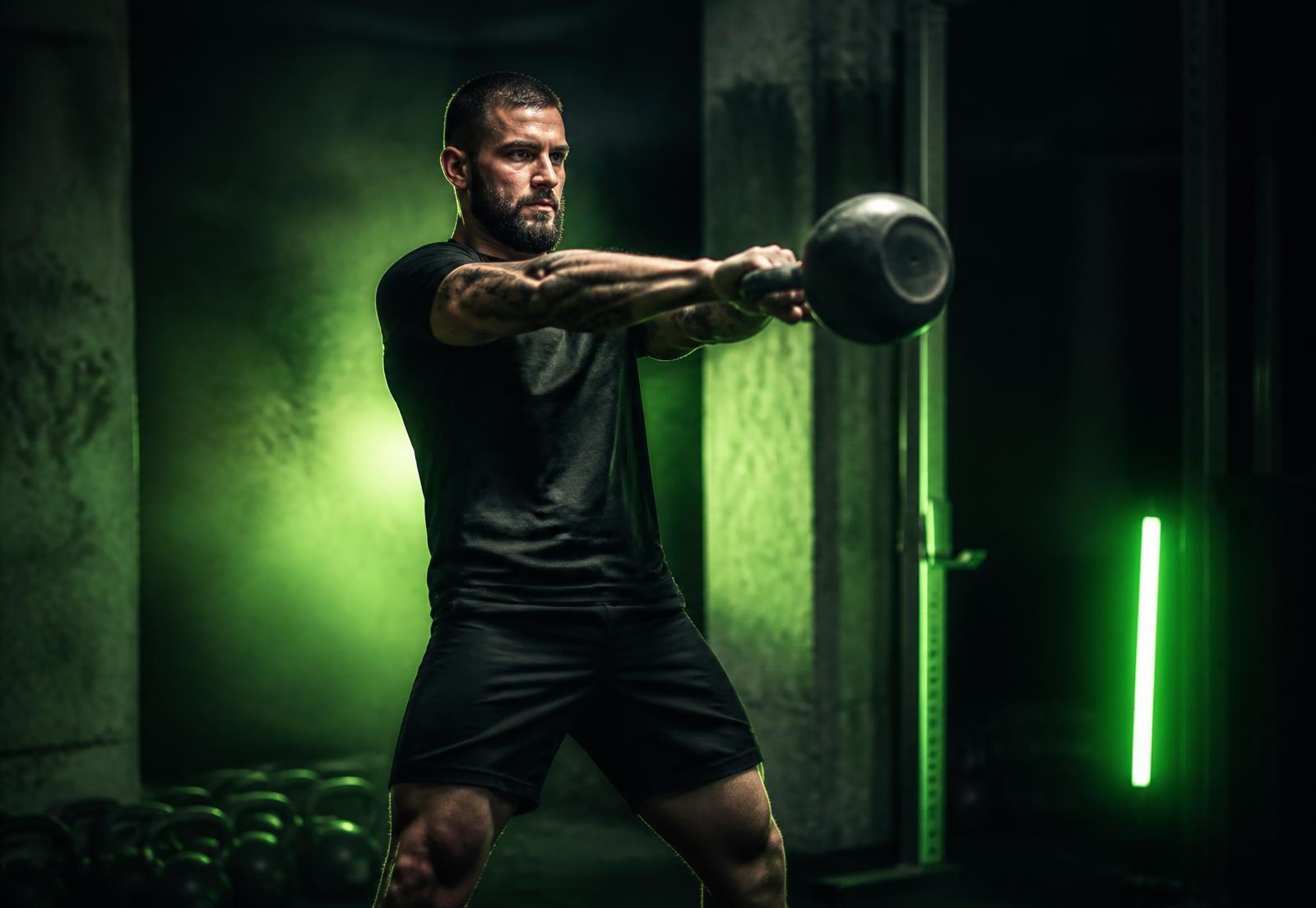 Athlete performing a kettlebell swing in a dark training studio